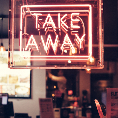 a neon sign that says 'take away'